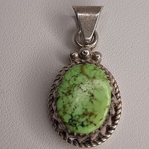 Vtg Gaspeite / Green Turquoise "STERLING CN" 925 Oval Pendant Clem Nalwood?